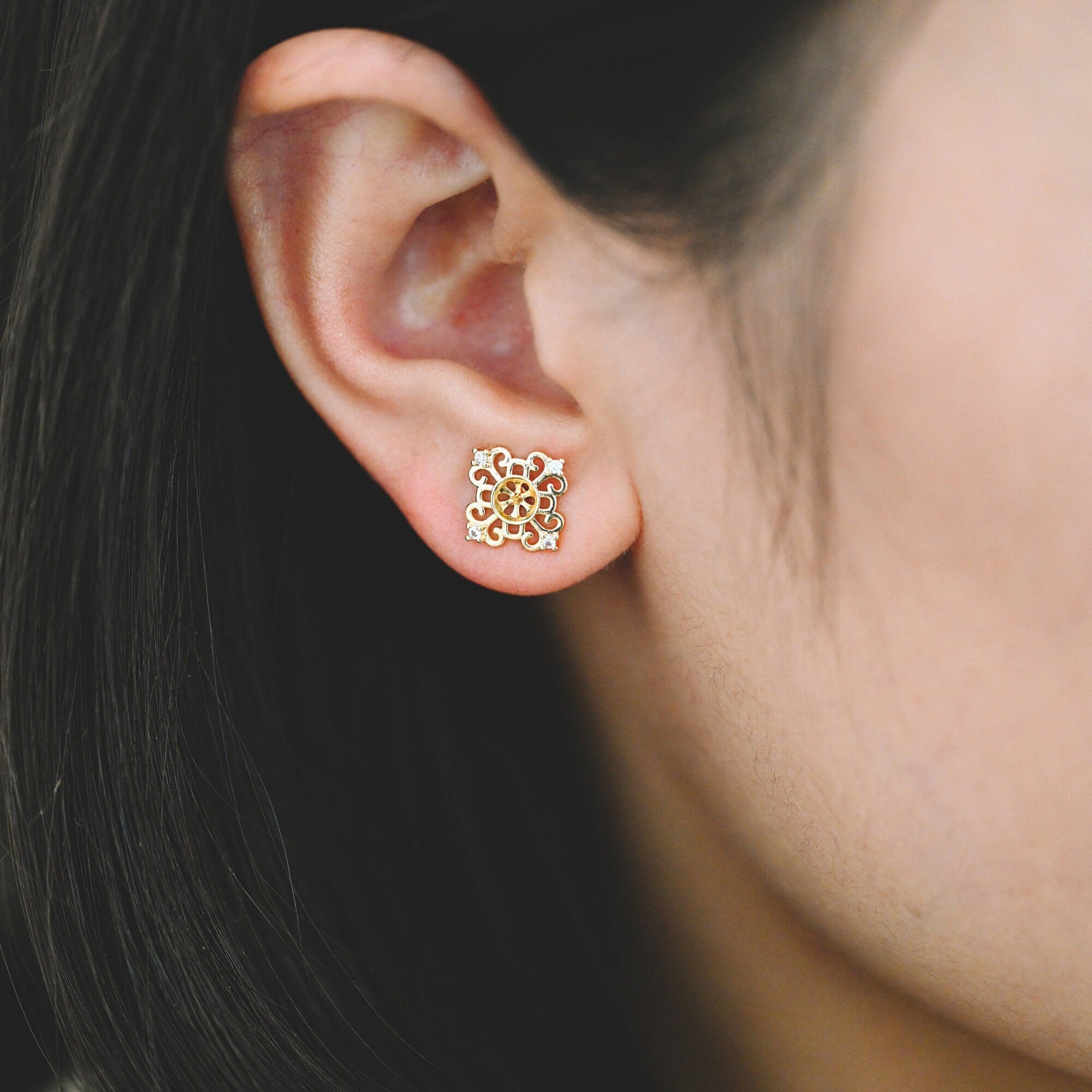 10pcs CZ Pave Filigree Flower Ear Posts 12mm, Pearl Peg Earring Mounts, Half Drilled Pearl Earring Settings (#GB-1541)